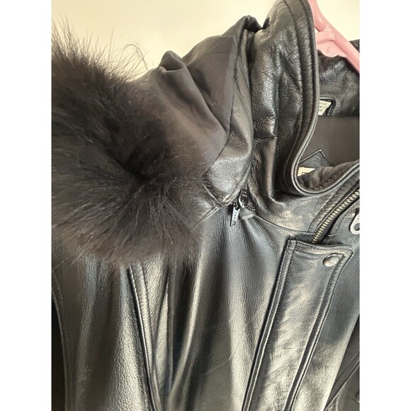 Field Gear Womens Black Leather Parka Coat Fox Tail Removable Hood Large - Picture 14 of 16